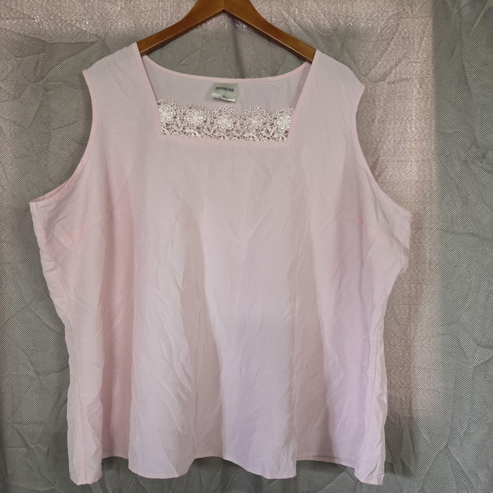 Bedford Fair Tank Top Womens Plus 3X Pink Square Neck Sleeveless Crochet Trim